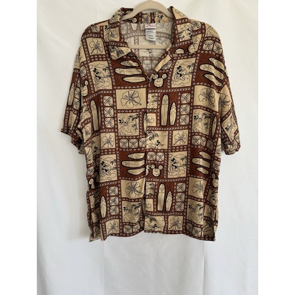 Disney Hawaiian Shirt Mens Mickey Mouse Surfing Floral Rayon Button Up LARGE - Picture 1 of 10